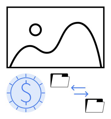Manzara resmi, dolar parası ve klasör değiş tokuşu okları da dahil olmak üzere soyut tasvirler. Finans, veri paylaşımı, iş stratejisi, dijital hizmetler, dosya yönetimi, ekonomi dairesi için ideal