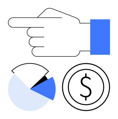 Bölünmüş pasta grafiği ve bir dolar para ile el işaretleme. İş, finans, istatistik, kararlar, büyüme, strateji ve takım çalışması grafikleri için ideal, düz basit metafor