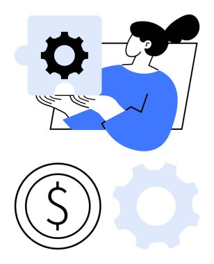 Kadın, dolar işareti ve teçhizatla çevrili, problem çözmeyi, işlem optimizasyonunu ve finansal yönetimi temsil eden dişli bulmacası parçası tutuyor. Takım çalışması, iş akışı, strateji ve iş için ideal