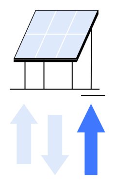 Enerji giriş ve çıkışını gösteren okları olan güneş paneli. Sürdürülebilirlik için ideal, yenilenebilir enerji, enerji üretimi, eko-teknoloji, temiz enerji geçişi, yenilik, düz basit metafor