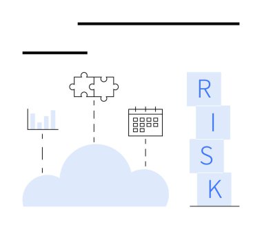 Veri tablosuna, bulmaca parçalarına ve takvime bağlı bulut. RISK yazımını engeller. Veri yönetimi, karar verme, iş stratejisi, planlama, analiz teknolojisi soyut çizgisi için ideal