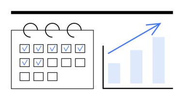 Yukarı doğru ok taşıyan bir çubuk çizelgesinin yanında görev işaretleri olan bir takvim. Planlama, üretkenlik, hedef belirleme, zaman yönetimi, organizasyon, başarı için ideal, düz basit