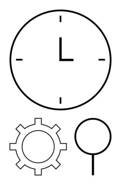 Minimalist saat, teçhizat ve büyüteç zamanı, operasyonları ve keşfi simgeliyor. Üretkenlik, verimlilik, iş akışı yenilikçiliği araştırmaları için idealdir. Düz basit metafor