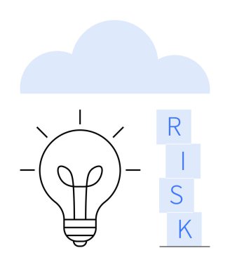 RISK bloklarının yanında bir bulutun altında fikirleri olan bir ampul. Yenilik için ideal, problem çözme, belirsizlik, yaratıcı düşünce, karar verme, girişimcilik, strateji, soyut çizgi