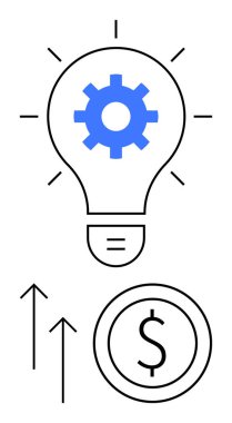 İçinde teçhizat olan ampul, yukarı doğru oklar ve fikirleri, yeniliği, ilerlemeyi ve finansal başarıyı simgeleyen dolar sikkesi. İş stratejisi, girişimcilik, büyüme yaratıcılığı için ideal