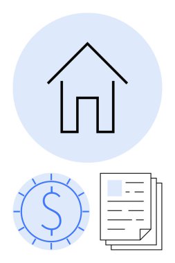 Yuvarlak dolar işareti ve çarşaf yığınının üstündeki simge mülkiyeti, mali durumu, evrak işlerini sembolize ediyor. İpotek, yatırım, belge, gayrimenkul, ekonomi konut dairesi için ideal