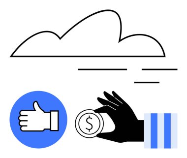 Siyah elle tutulan sikke, onaylama simgesi, soyut bulut ögesi çevrimiçi servislere işaret ediyor. Finans, teknoloji, bulut depolama, sanal ekonomi, onay, modern sistemler için ideal dijital çözümler