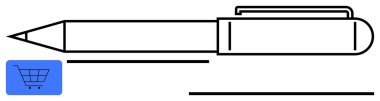 Yazı, e-ticaret ve yaratıcılığı temsil eden küçük mavi bir alışveriş arabası ikonu olan siyah beyaz kalem taslağı. Kırtasiye, çevrimiçi alışveriş, ofis, öğrenim, eğitim pazarlama dairesi için ideal