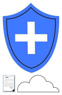 Beyaz haçlı mavi bir kalkan. Kontrat ve bulut hatlarının üzerinde korunmayı simgeliyor. Güvenlik, sağlık, sigorta, bulut depolama, koruma, uyum, dijital güvenlik için ideal. Düz