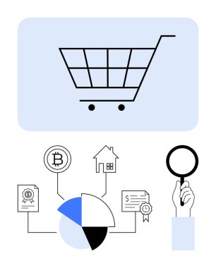 Pasta grafiğinin üstündeki alışveriş arabası bitcoin, gayrimenkul, belge, değer sertifikası ve büyüteç ile bağlantılı. Finans, yatırım, e-ticaret, ekonomi analizi zenginlik yönetimi için ideal