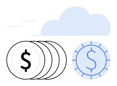 Bir yığın bozuk para ve bulut grafiğinin yanında dijital para. Finans, dijital ekonomi, bulut bankacılığı, kripto para birimi, fintech, e-ticaret, yatırım için ideal. Düz basit metafor