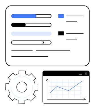 İlerleme çubukları, vites simgesi ve yukarı doğru çizgi grafik penceresi verimliliği, analitiği ve büyümeyi temsil eder. Veri yönetimi, iş akışı, üretkenlik, ilerleme teknolojisi stratejisi için ideal basit