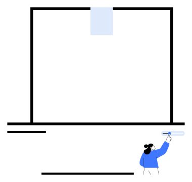 Mavi gömlekli biri, büyük camları silen, temizleme işlemini vurgulayan. Temizlik hizmetleri, hijyen, bakım, üretkenlik, organizasyon, minimalizm, düz basit metafor için ideal