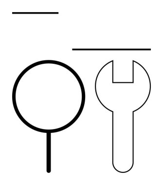 Büyüteç ve anahtar simgeleri denetimi, onarımı ve analizi vurguluyor. Teknoloji, verimlilik, tanı, yenilik, bakım araştırma ekibi çalışması için ideal. Siyah ve beyaz düz basit