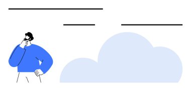 Büyük bir bulut ve soyut yatay çizgilerin yanında eli çenesinde düşünceli bir birey. Yaratıcılık, beyin fırtınası, problem çözme, yenilik, bulut depolama, teknoloji, stratejik