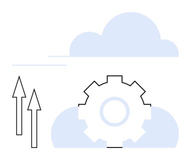 Bulut teknolojisini, yeniliği, sistem entegrasyonunu ve ilerlemeyi sembolize eden iki yukarı doğru ok ile yumuşak mavi bulutların üzerini donatın. Teknoloji, iş, büyüme, bulut hesaplama ve yenilik için ideal