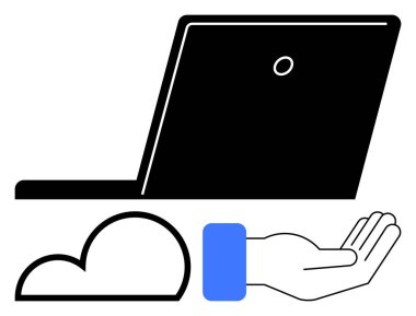 Bulut şeklindeki dizüstü bilgisayar, veri paylaşımı ve dijital teknolojiyi sembolize eden genişleyen eller. Yenilik, destek, depolama, teknoloji hizmetleri, çevrimiçi erişim için ideal