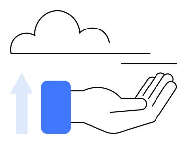 Yukarıya doğru uzanan ok veri transferini sembolize eden minimalist bir bulutun altında uzanan el. Teknoloji için ideal, bulut hesaplama, veri paylaşımı, ağ oluşturma, yenilik, iletişim, düz basit