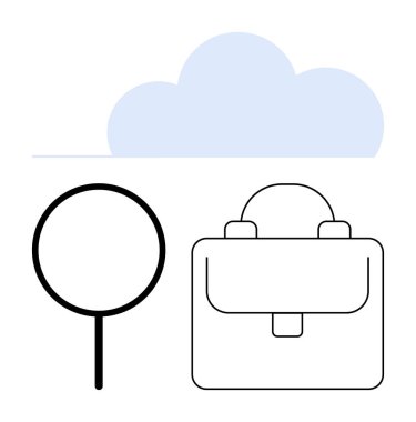 Bulut simgesi, büyüteç ve evrak çantasıyla basitleştirilmiş tasarım. İş için ideal, veri depolama, organizasyon, arama motorları, iş başvurusu bulut hesaplama minimum tasarım. Düz basit