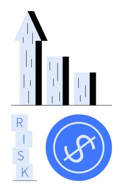 Yükselen oklu çizelge, bir yığın RISK bloğu ve daire şeklinde dolar işareti. Finans, iş büyümesi, yatırımlar, risk yönetimi, analiz, karar verme soyut çizgisi düz metafor için ideal