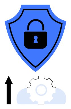 Kilitli mavi kalkan güvenliği, teçhizatı ve bulutu simgeliyor. Verimliliği ve bulut hesaplamasını simgeliyor. Yükselen ok, yükselen ilerlemeyi gösteriyor. Siber güvenlik, bulut depolama, koruma ve dijital için ideal