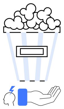 Minimum dizaynlı büyük bir kova patlamış mısır, yıldırımlı insan kafası ve açık bir el. Yaratıcılık, paylaşım, rahatlık, iletişim, cömertlik, sinema kültürü için ideal düz bir metafor.