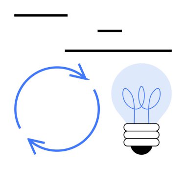 Parlayan bir ampulün yanında, fikirleri, yaratıcılığı ve süreçleri temsil eden dairesel bir döngü oluşturan oklar. Yenilik, beyin fırtınası, sürdürülebilirlik, iş dünyası, yaratıcılık stratejisi için ideal