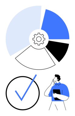Ortasında teçhizat olan turta tablosu, işaretli sembol ve pano tutan adam. Strateji, planlama, analitik, karar verme, problem çözme verimliliği için idealdir. Basit düz