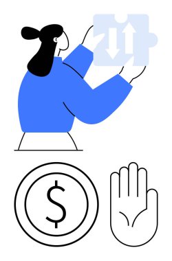 Elinde iki yönlü oklarla bir yapboz parçası tutan kadın karar verme mekanizmasını simgeliyor. Yanında para ve el ile birlikte işlem, ekonomi, ahlak ve sınırları sembolize ediyoruz. İş için ideal