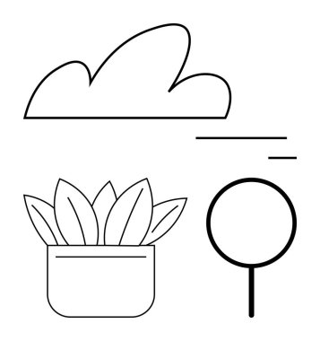 Soyut siluette bulut, yapraklı saksı bitkisi ve ince gövdede yuvarlak bir ağaç tepesi. Doğa için ideal, sadelik, eko-yaşam, bahçıvanlık, asgari dekor, çizgi sanat düz metaforu