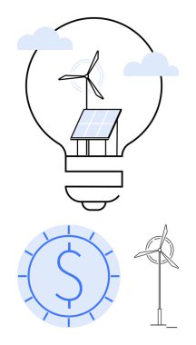 Ampul, üzerinde bulutlar olan rüzgar türbini ve güneş panelini içeriyor. Dolar işaretiyle rüzgar türbini ve sikkeyi ayır. Sürdürülebilirlik, enerji yeniliği, finans, ekoloji ve yeşil için ideal