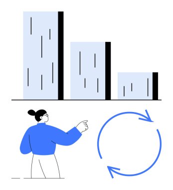 İlerlemeyi gösteren çizelge, veriye işaret eden kadın, tekrarlamayı ya da döngüyü sembolize eden dairesel oklar. Ticari büyüme, strateji, süreç, analitik, sürdürülebilirlik, iş akışı iyileştirme için ideal