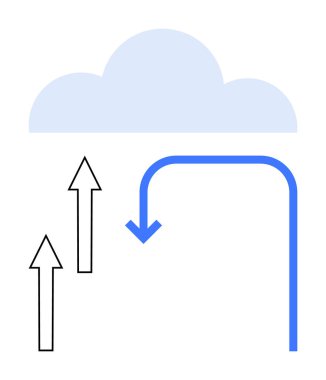 Yukarıya doğru iki siyah ok ve aşağıya doğru akan bir mavi ok işlemin akışını gösteriyor. Teknoloji, veri alışverişi, bulut hesaplama, iş akışı, geri dönüşüm, yenilenme, internet için ideal. Düz basit