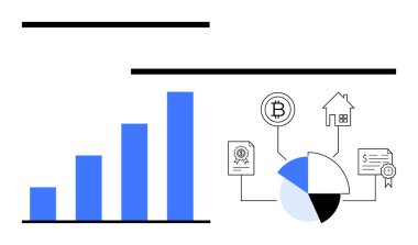 Bitcoin, gayrimenkul, sertifikalar ve finansal belgelerle bağlantılı veri eğilimlerini gösteren bar grafiği ve pasta grafiği. Yatırım, analitik, engelleme zinciri, dijital varlıklar, emlak ekonomisi için ideal