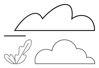 Basit bulut çizgileri, kıvrımlı yaprak tasarımı ve yatay bir çizgi temiz ve soyut bir tasarım yaratır. Doğa, sakinlik, hava, çevre, sürdürülebilirlik minimalizmi için idealdir.