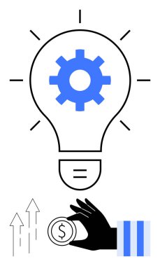 Çarklı ampul, yeniliği temsil ediyor, bozuk parayı tutan bir elin üzerinde, yukarı doğru oklarla finansal büyümeyi sembolize ediyor. İş stratejisi, yenilik, yatırım, girişimcilik için ideal