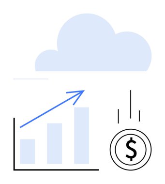 Yükselen ok, bulut simgesi ve dolar sikkesi ile baro tablosu bulut teknolojisini, finansal büyümeyi, veri analizini, iş stratejisini, yatırım eğilimlerini sembolize ediyor. Teknoloji ve finans tahminleri için ideal