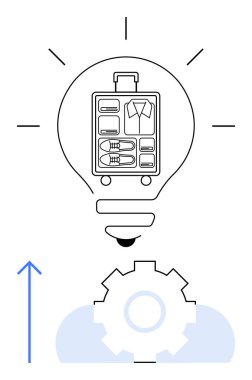 İçinde organize bavul parçaları olan ampul dişli ve yukarı doğru ok var. Seyahat, planlama, yenilik, optimizasyon, verimlilik, organizasyon ve yaratıcılık için ideal. Temiz düz basit metafor