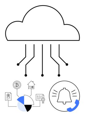 Veri pasta grafiğine, kripto para birimine, sertifikalara, çağrı alarmlarına bağlı olan bir bulut. Teknoloji, yenilik, finans, iletişim analitikleri dijital trendleri engellemek için idealdir. Düz