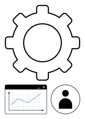 Vites sembolü, grafik penceresi yukarı doğru eğilimli ve kullanıcı simgesi takım çalışması, üretkenlik, optimizasyon ve veri tabanlı karar verme mekanizmasını iletir. Teknoloji, iş, analiz yönetimi için ideal
