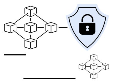 Birbirine bağlı bloklar bir kalkan ile engelleme zincirini simgeler ve siber güvenliği, ademi merkeziyeti, güveni ve veri güvenliğini sembolize eder. Teknoloji, şifreleme, yenilik, finans ve dijital için ideal