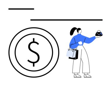 Alışveriş çantaları ve çanta taşıyan genç bir kadın. Yakınlarda büyük bir dolar işareti var. Alışveriş, perakende, finans, bütçe, ekonomi ve tüketici davranış tasarrufu için ideal. Düz basit metafor