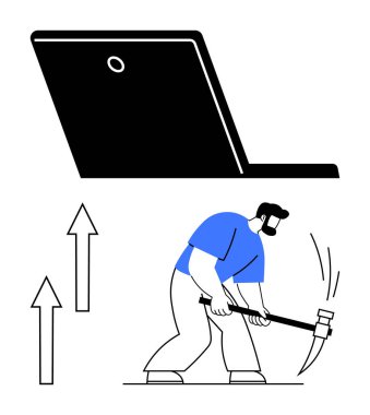 Toplama, dizüstü bilgisayarla zemin hazırlayan işçiler gelişimi, çabayı, yeniliği ve ilerlemeyi temsil eden yukarı doğru oklar. İş büyümesi, veri madenciliği, ilerleme sıkı çalışma teknolojisi için ideal