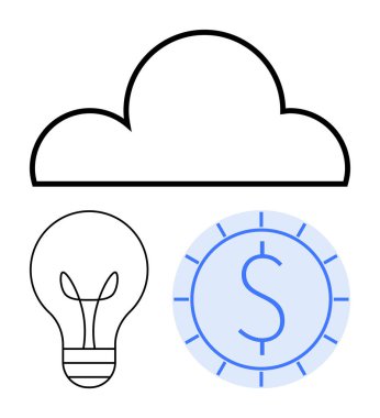 Üzerinde dolar işareti teknolojisi, yenilik ve finans ile işaretlenmiş para ve ampulün üzerindeki bulut silueti. Bulut depolama, iş büyümesi, yenilik, finans ve teknoloji için ideal
