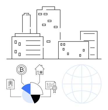 Emlak, kripto para birimi, sertifika ve veri analizlerini birleştiren engelleme ağı olan şehir silüeti. Finans, yatırım, teknoloji, gayrimenkul, yenilik küreselleşmesi için ideal