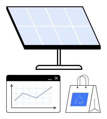 Çerçevede altı parçalı güneş paneli, tarayıcı penceresinde çizgi grafiği, geri dönüşüm işaretli alışveriş torbası. Sürdürülebilirlik, yenilenebilir enerji ve çevre dostu uygulamalar için ideal