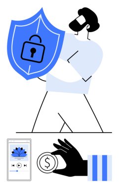 Kalkanı kilitli tutan kişi, bozuk parayla el, ekranda mobil uygulama. Siber güvenlik, finans, güvenlik, teknoloji, banka uygulamaları için ideal. Düz basit metafor