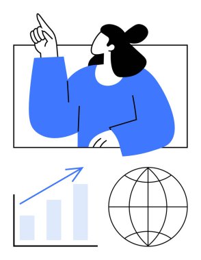 Yukarı bakan bir kadın, yükselen eğilimli bir bar tablosu, dünya çizgisi. Liderlik, yenilik, ilerleme, küreselleşme, büyüme analizi eğitimi için ideal. Modern düz basit metafor