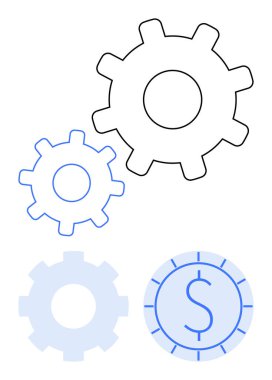 Birbirine kenetlenmiş vitesler ve dolar sikkeleri işbirliği, otomasyon, finansal işlemler ve ilerlemeyi temsil eder. İş, ekonomi, teknoloji, üretkenlik, strateji yatırımları için idealdir.