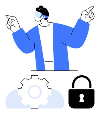 Sanal gerçeklik kulaklığı kullanan bir adam bulut, teçhizat ve asma kilidin üzerinde kendine güvenir. Teknoloji, siber güvenlik, yenilik, bulut hizmetleri, dijital çözümler, veri koruması için ideal